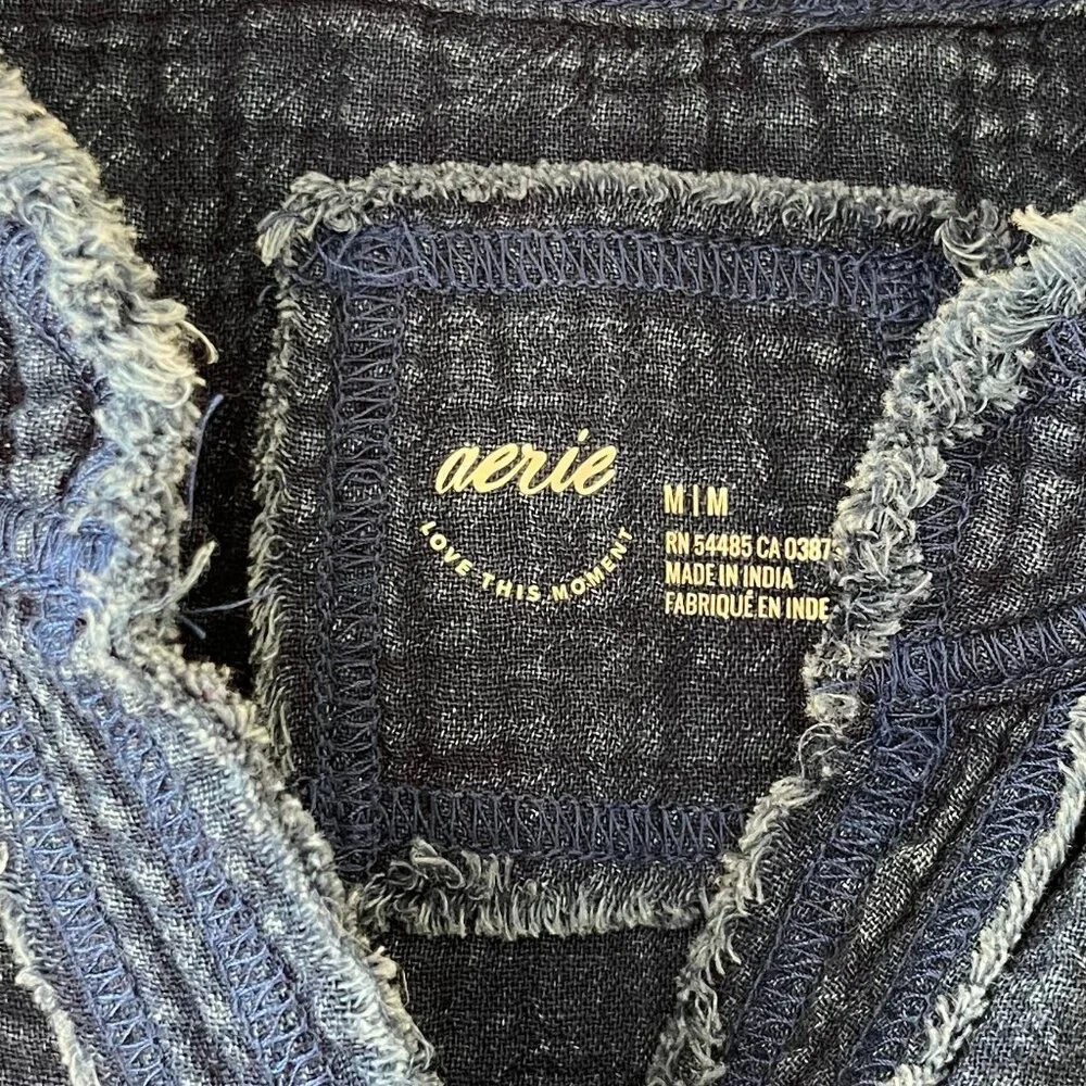 Aerie Sz M Oversized Indigo Blue Gauze Cover Up Button Down Shirt Dress Pocket - Picture 5 of 14